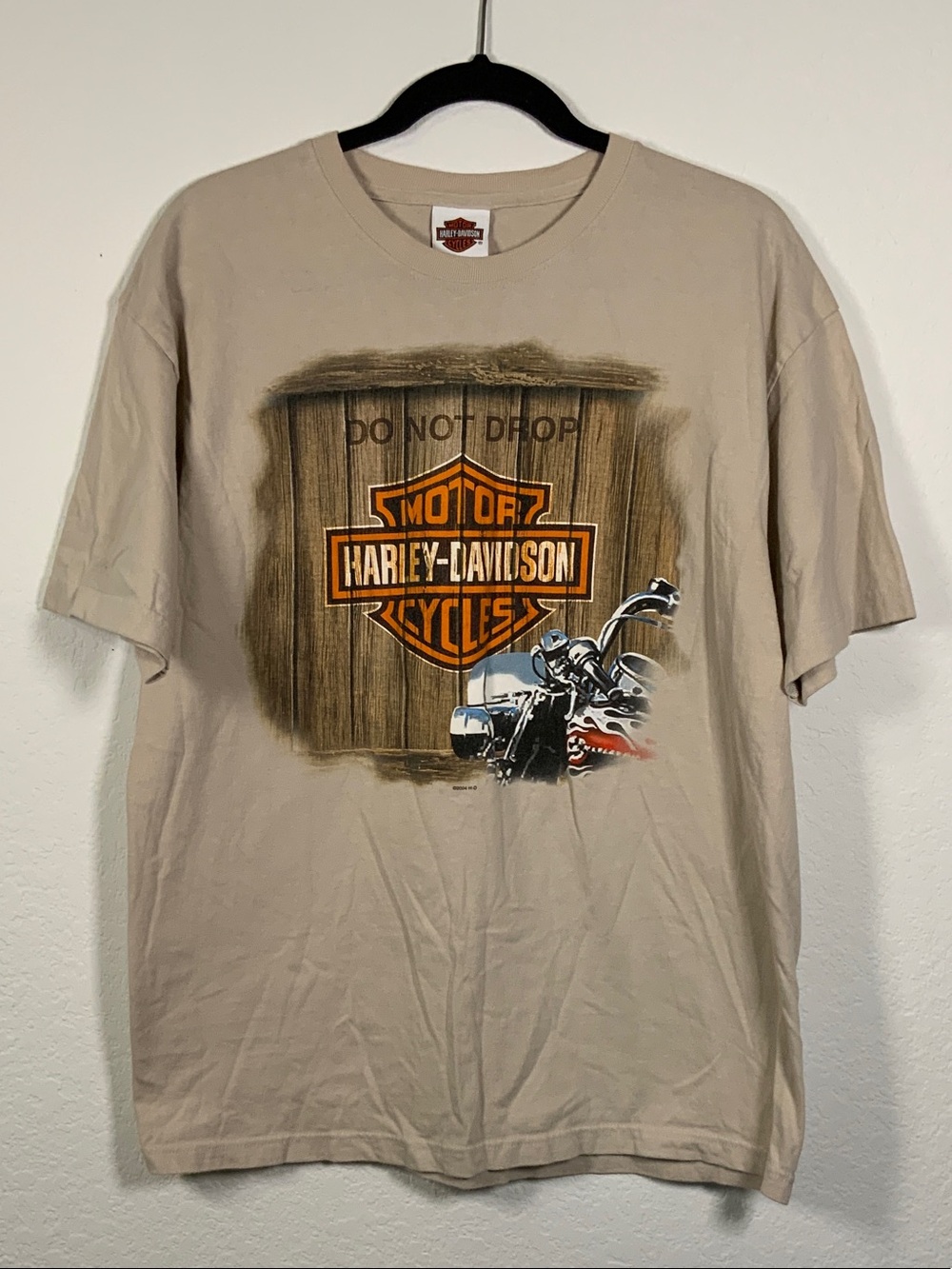 Harley-Davidson Tan Tee with Orange Logo and Motorcycle Graphic